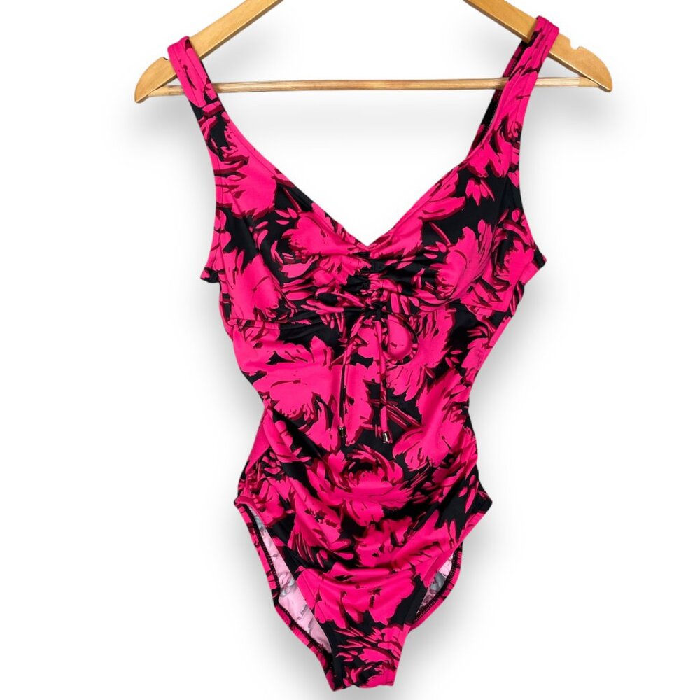 Aqua Green Swimsuit Floral Pink Black Size Small One‎ Piece V-Neck Bathing Suit